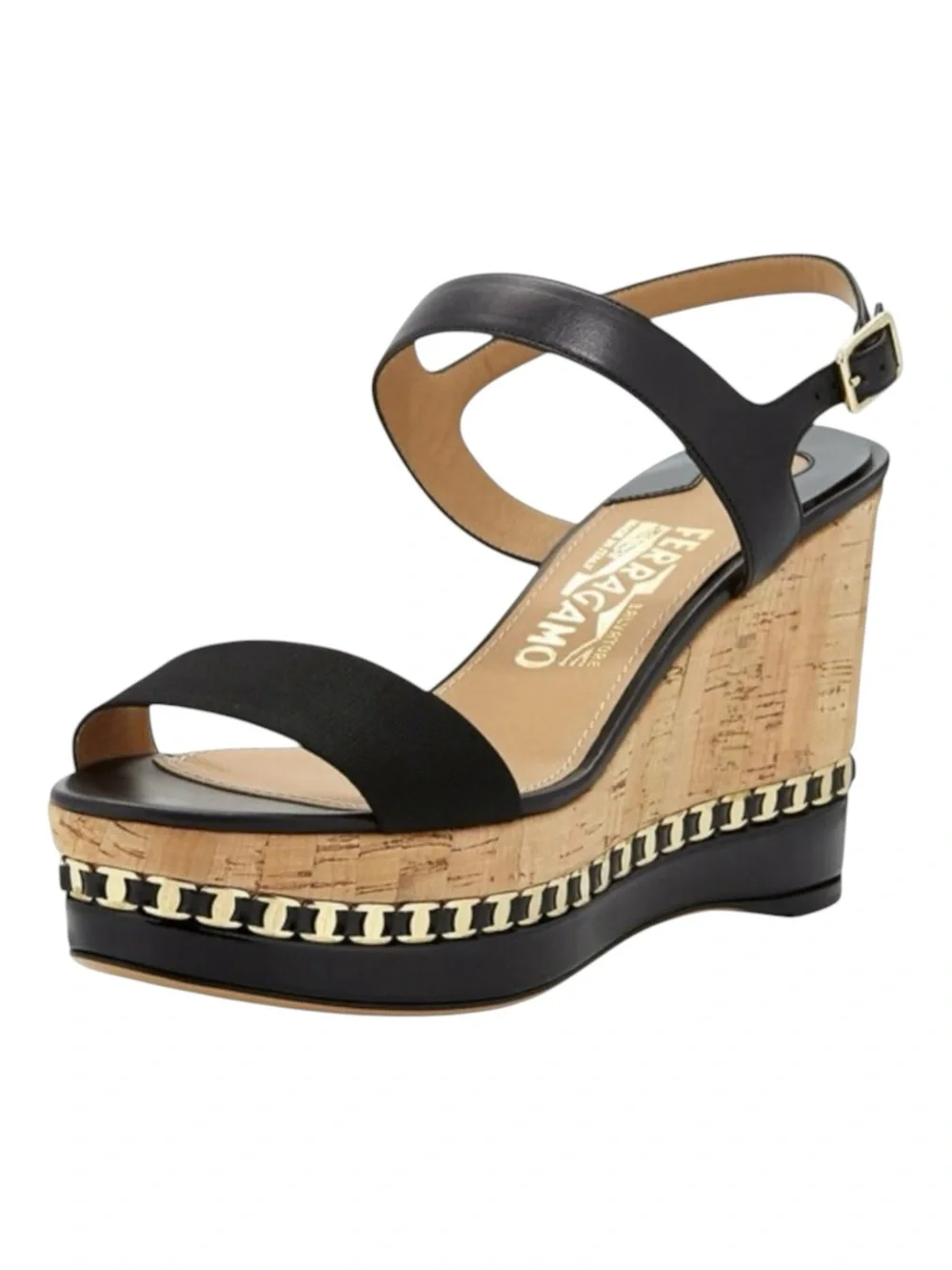 Salvatore Ferragamo ꔘ Mollie Chain Platform Wedge Sandals ꔘ Black Leather ꔘ 9.5B